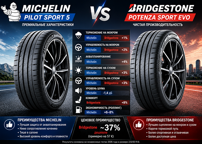 Легенды асфальта: сравнение Michelin Pilot Sport 5 и Bridgestone Potenza Sport Evo