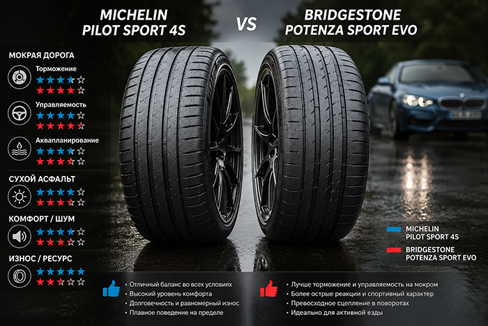Сравнение шин: Michelin Pilot Sport 4S против Bridgestone Potenza Sport Evo.