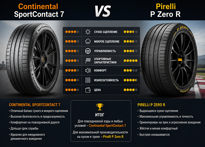 Continental SportContact 7 против Pirelli P Zero R — настоящее противостояние в мире UUHP-шин. SportContact 7 представляет собой проверенный эталон с исключительными всесторонними характеристиками, в то время как P Zero R — это новая шина, ориентированная на спортивные автомобили и созданная для максимального сцепления и скорости. И хотя они находятся не совсем в одном сегменте, именно это и делает сравнение захватывающим — сбалансированная производительность против чистой управляемости. Так как же они соотносятся на самом деле?