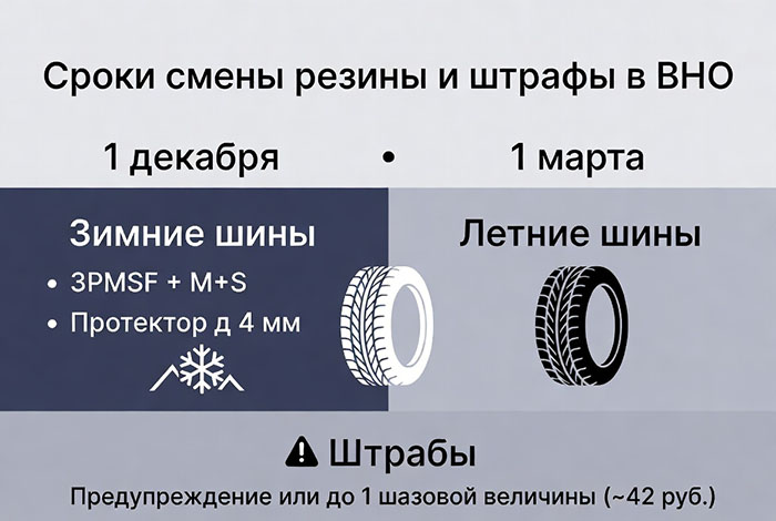 Многие автовладельцы Беларуси до сих пор не знают, что с 1 января 2015 года вступил в силу Технический регламент Таможенного союза «О безопасности колесных транспортных средств». В этом законе есть приложение №8, в которое регламентирует требования сезонности шин. Согласно этому документу в зимние месяцы (декабрь, январь и февраль) на легковых автомобилях, участвующих в дорожном движении должны быть установлены зимние шины. Так как Республика Беларусь входит в Таможенный союз, то данное правило действует и на территории нашей страны. Соответствующие изменения внесены ПДД в 2014 году и вступили в силу с 01.01.2015 года.  То есть по закону не позднее 1 декабря машину нужно переобуть в зимние шины, а с 1 числа марта в Беларуси допускается переход на летнюю резину. Так что с 1 декабря 2024 года пощады не ждите, Госавтоинспекция активно штрафует за нарушение требований ПДД – летнюю и «лысую» резину. Информацию о размерах штрафов вы найдете ниже.  Весной торопиться с переходом на летние шины не стоит, когда установиться стабильная погода, без осадков в виде снега и с температурой выше +5 — +8 градусов — пора на шиномонтаж.